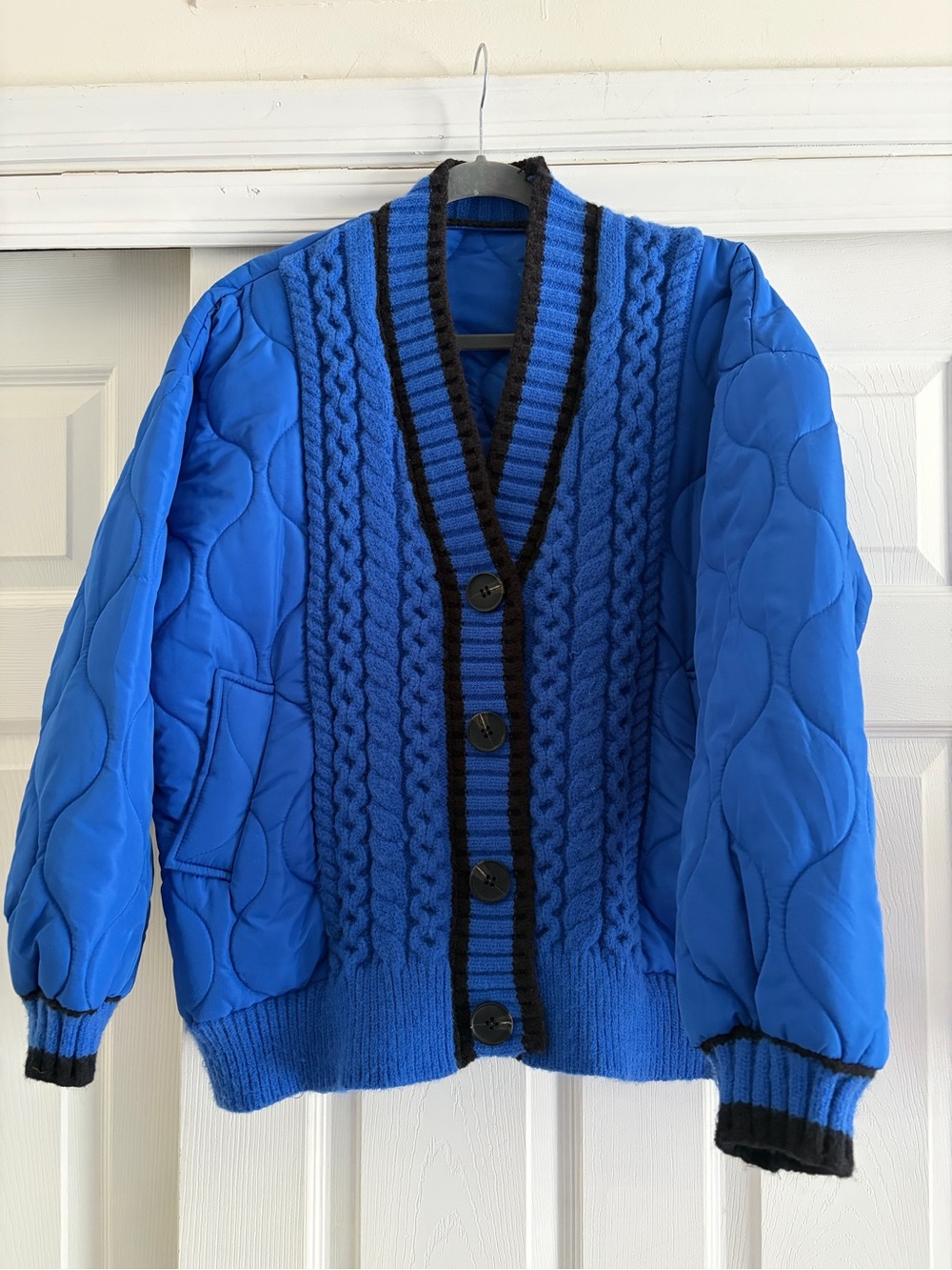 Commense Blue Quilted Bomber Cardigan with Black Trim